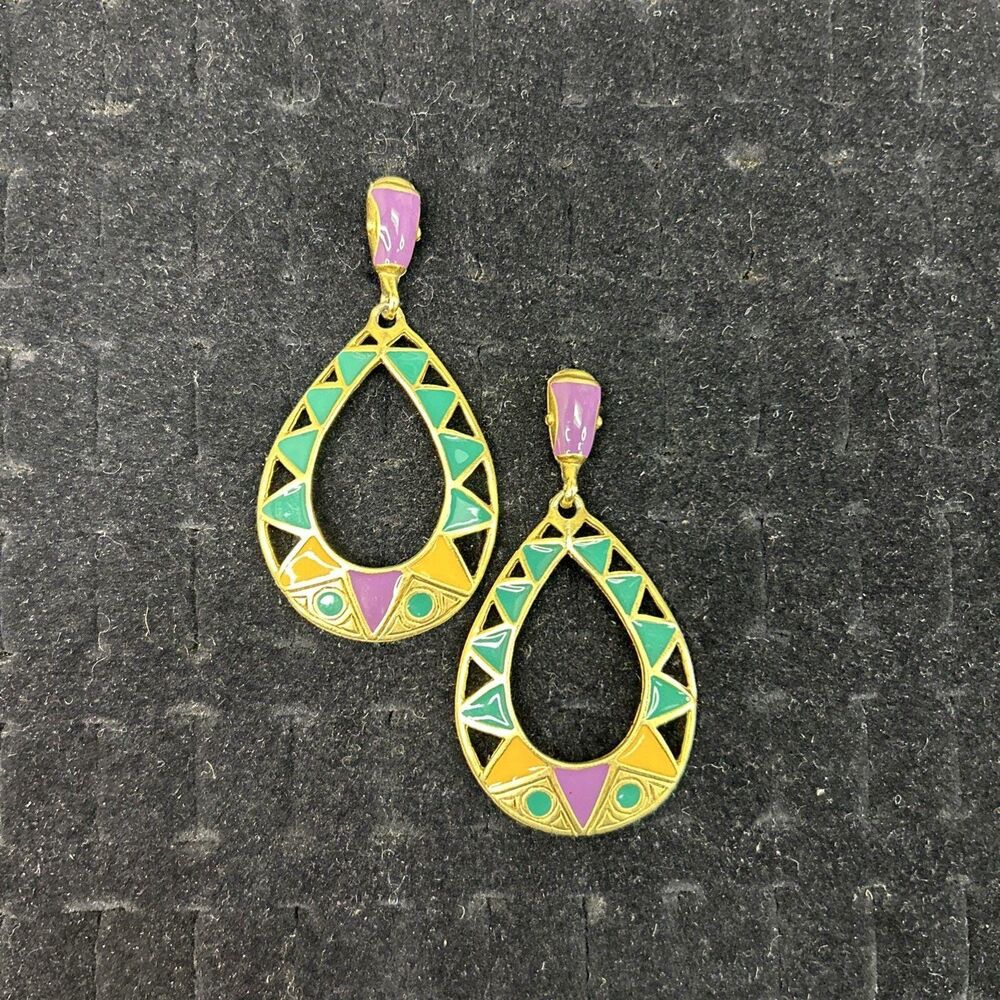 Geometric Enamel Teardrop Dangle Post Earrings Purple Orange Green Tribal 1980s